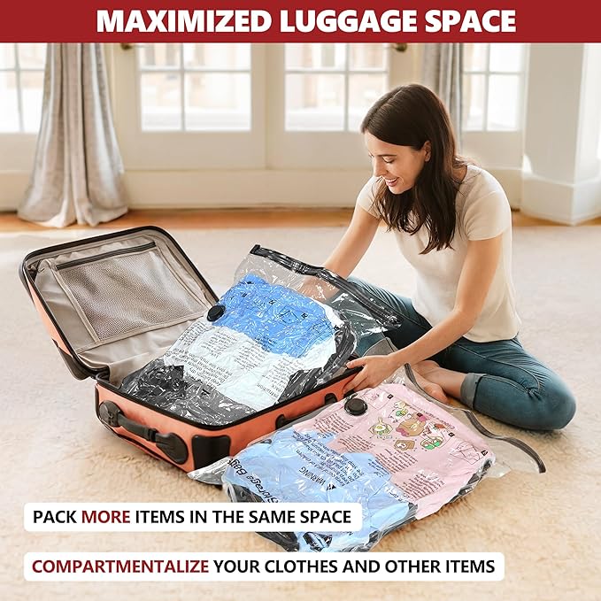 SUOCO Travel Vacuum Seal Bags for Clothing with Hand Pump, 8 XL Compression Packing Bags for Luggage Suitcase, Space Saver Storage