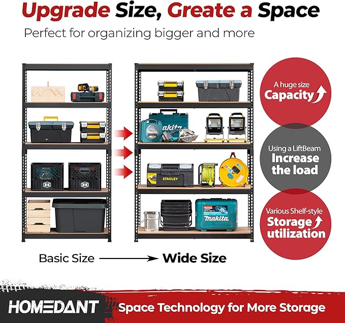 HOMEDANT 5 Tier Laminated Boltless Heavy Duty Garage Storage Adjustable Wide Size Metal Shelving Unit Utility Rack Shelves Organization Multipurpose Shelf Shed Warehouse 47.7"W x 24.1"D x 71.3"H 1Pack