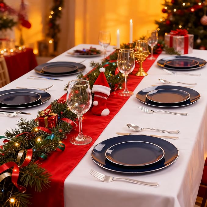KIRE 200PCS Blue Plastic Plates with Silver Rim - Navy Blue Plastic Plates Include 100 Dinner & Dessert Plate - Heavy Duty Dark Blue Disposable Plate for Parties/Wedding