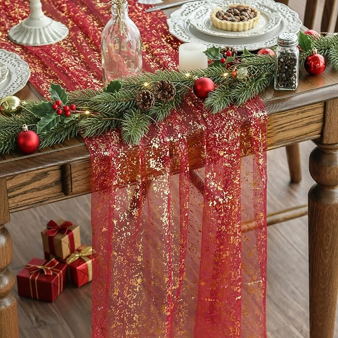 Artoid Mode Red Gold Gauze Table Runner 120 Inch 10FT, Glitter Metallic Foil Sheer Dining Wedding Anniversary Holiday Table Decor for Home Party