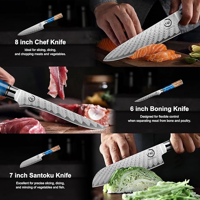 5 Piece Damascus Knife Set, Professional Japanese Knife Set with Japanese VG 10 Steel Core, Blue Resin Handle, Includes Chef, Santoku, Bread, Boning & Paring Damascus Knives in Gift Box