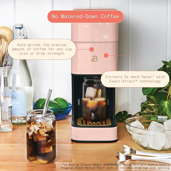 Beautiful Perfect Grind Programmable Single Serve Coffee Maker with Touch Display and Integrated Burr Grinder, Auto Coffee Strength Selection, 64oz Water Reservoir (Rose)