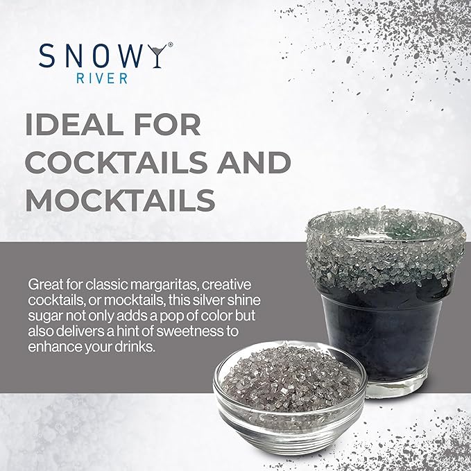 Snowy River Silver, Cocktail & Margarita Sugar Rimmer - Vibrant Naturally Colored Sugar for Cocktail Rimming, Baking & Decorating, Medium Crystal - 16oz