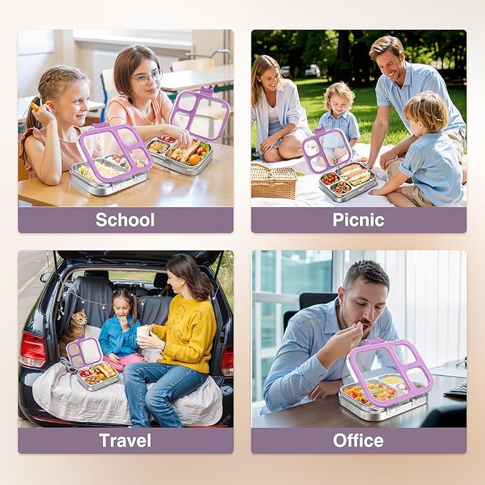 Stainless Steel Lunch Box: Metal Bento Box for Kids Adults - 3 Compartments Leak-Proof Lunch Box, Purple