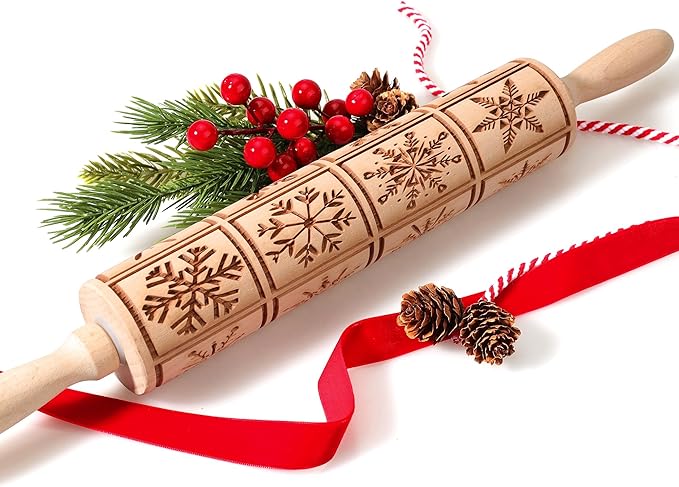 17" Premium Wooden Rolling Pins for Baking with Snowflake Embossed Designs | 3mm Deep Springerle Cookie Molds | Christmas Rolling Pin & Baking Gifts for Women | Includes 3-in-1 Cleaning Brush
