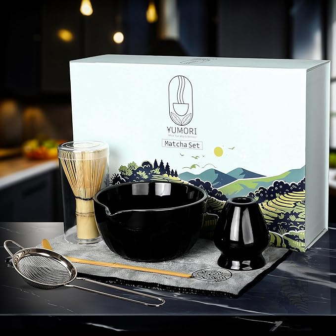 6 Pcs Matcha Whisk Set | Matcha kit with Black Bowl, Bamboo Whisk, Scoop, Sifter, Holder for whisk & Cleaning Cloth, Traditional Matcha Set in Magnetic Gift Box