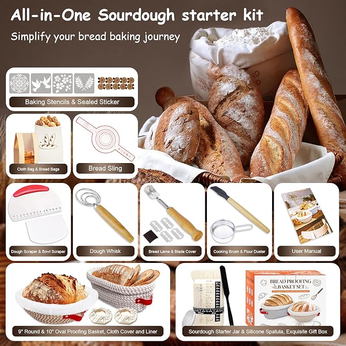 Sourdough Starter Kit, Sourdough Bread Baking Supplies, Cotton Rope Banneton Bread Proofing Basket Set with Sourdough Starter Jar for Bread Making Baking, Sour Dough Kit Tools Gifts for Bakers Women