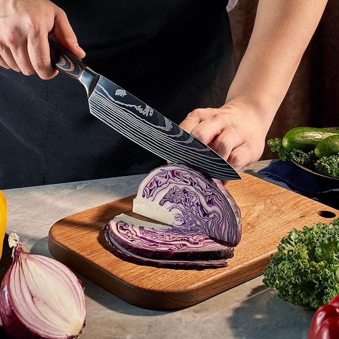 SENKEN 16-Piece Natural Acacia Wood Kitchen Knife Block Set - Japanese Chef's Knife Set with Laser Damascus Pattern, Includes Steak Knives, Kitchen Shears, Santoku, Cleaver & More (Wooden Handles)