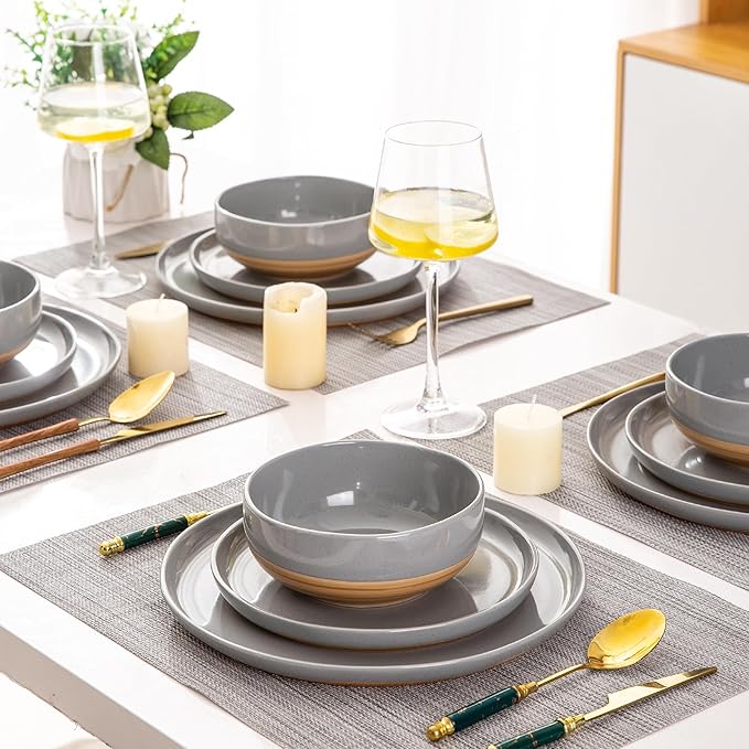 AmorArc Ceramic Dinnerware Sets for 4, 12 Pieces Handpainted Plates and Bowls Set with Rustic Terracotta Underside, Scratch Resistant Stoneware Dishes Set, Dishwasher & Microwave Safe, Gray