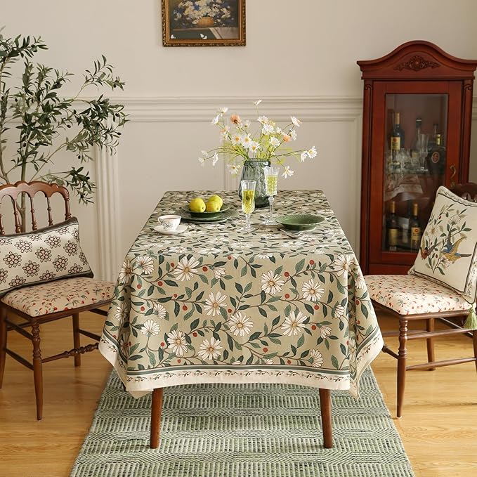 ISAENNE Designer Green Linen Extra Long Tablecloth Rectangle,Floral French Country Indoor Table Cloth,Stain Resistant Home Decor Tablecloths for Dining Kitchen Thanksgiving Party,67"*118"-Brune