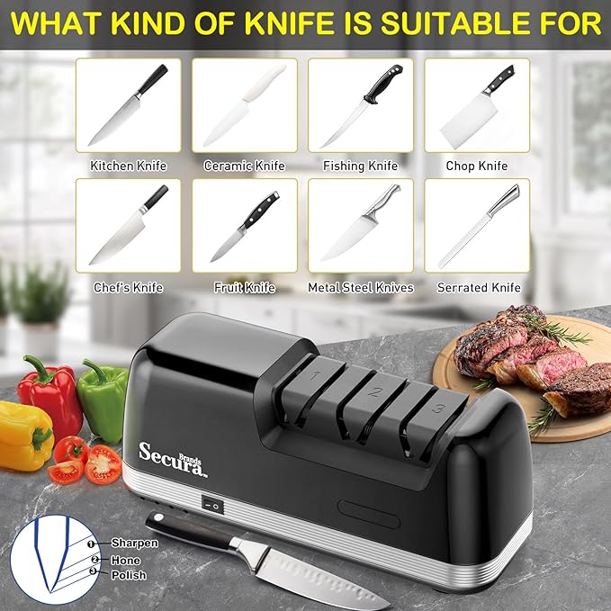 Secura 3-Stage Electric Knife Sharpener with 100% Diamond Abrasives and Precision Angle Guides, Professional Sharpening Tool for Kitchen Straight Edge, Serrated Knives and Ceramic Knife, Black