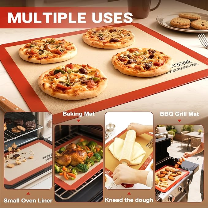 Silicone Baking Mat Set by PrettyCare (2 Half Sheet and 1 Quarter Sheet) Non Stick Cookie Baking Supplies for Bake Pans & Toaster Oven - Macaron/Pastry/Bun/Bread