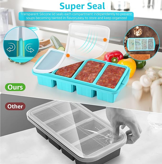 Silicone Freezer Tray With Lid - Silicone Freezer Food Molds- Large Ice Cube Tray,4-Pack Silicone Freezer Container,Freeze & Store Soup, Sauce, Broth,Leftovers - Makes 4 Perfect 1 Cup