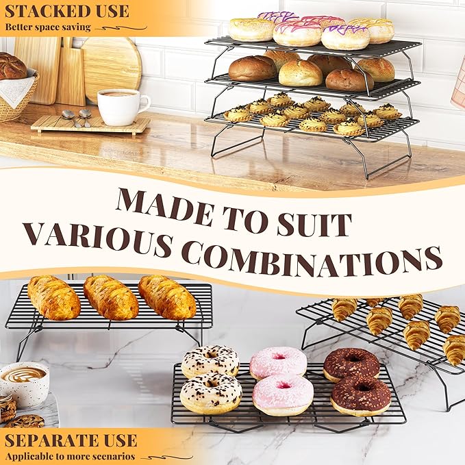 Cooling Racks for Cooking and Baking - 3 Tier Stackable Grid Wire Baking Rack for Oven Cooking, Baking, Grilling, Roasting - Dishwasher Safe Bacon Rack - Black