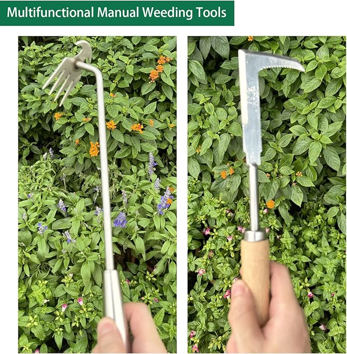 3 Pack Weed Puller Tool, Manual Stainless Steel Weeding Tool, L-Shape Crack Sickle and 4 Teeth Weeder Tool with Gloves for Lawn Vegetable Garden Farm Planting