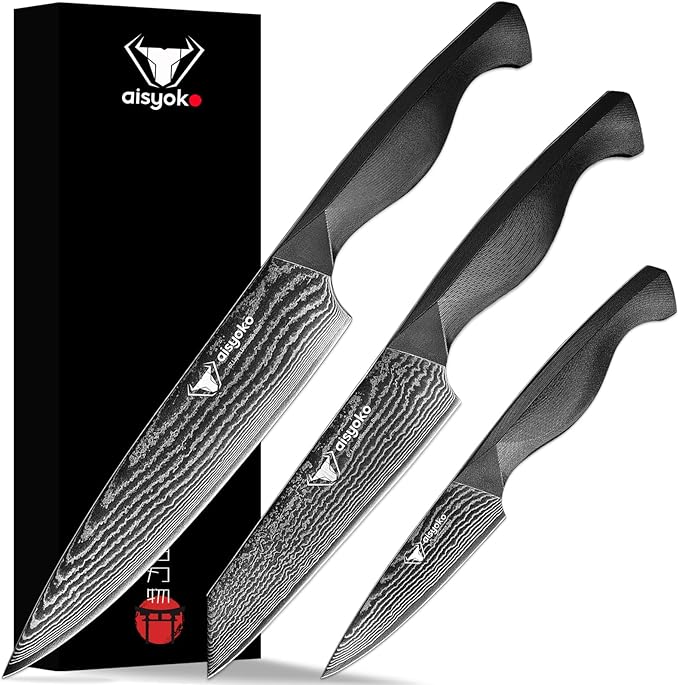 8C Damascus Knife Set - 3PC Chef's Knife, Kitchen and Paring Knives, High Carbon Stainless Steel, Ergonomic Full Tang ABS Anti-Skid Handle