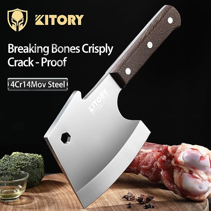 Kitory Meat Cleaver, Heavy Duty Bone Chopper Cleaver Knife, Full -Tang Axes Shape Super thick Blade, Bone Breaker, Butcher’s Kitchen Knife for Meat Cutting, Black Wenge Wood Handle -2025 Gifts