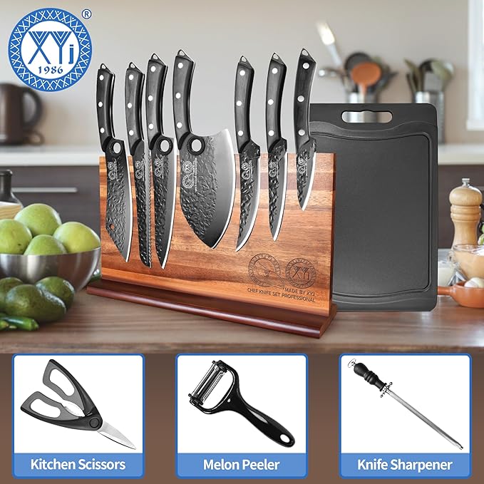 XYJ Kitchen Knife Set with Magnetic Knife Block,Cutting Board,Scissors,Honing Steel,Professional Knife Block Set,High Carbon Steel Blade,Meat Cleaver,Full Tang,Wood Handle