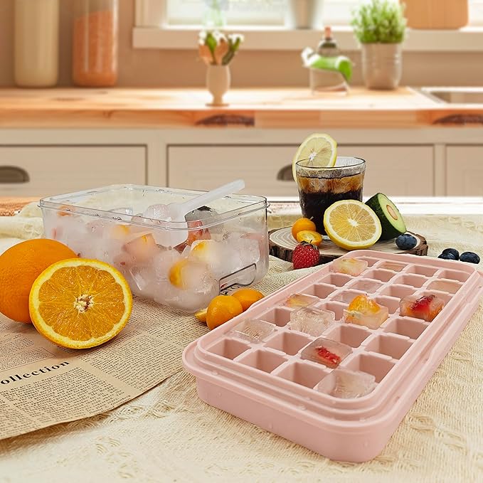 Satax Silicone & Plastic Ice Cube Trays with Lids and Bin - Durable, BPA-Free, Easy Release, Perfect for Cocktails, Coffee & More (1, pink)