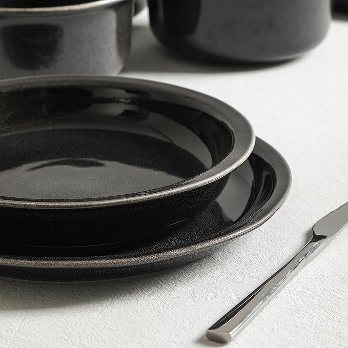 Stone Lain Slate 12-Piece Dinnerware Set Stoneware, Plates and Bowls Set, Dishwasher and Microwave Safe, Dish Set for 4, Black
