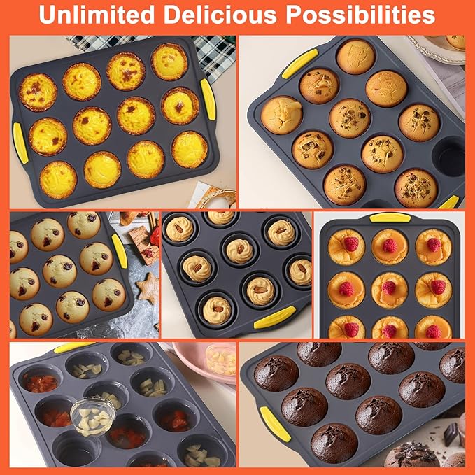 Silicone Muffin Pan for Baking with Metal Reinforced Frame，Foldable Cupcake Pan 12 Cups for Baking Homemade Muffins,Nonstick Cupcake Baking Pan Molds for Oven Dishwasher Safe With Brush and scraper