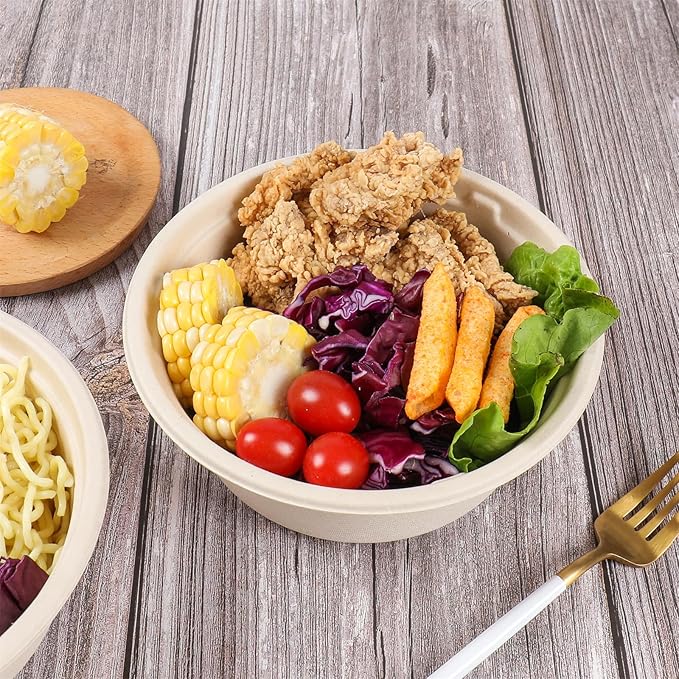 37 oz Disposable salad bowls with lids, Sugarcane Fiber Paper Bowls take away food containers Plant Fibers Freezer Safe 50 Pack