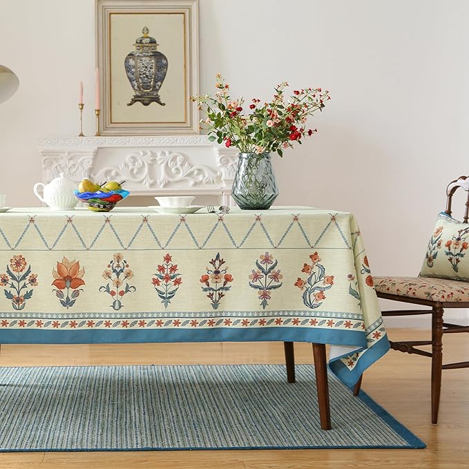 ISAENNE Designer Linen Floral Small Rectangle Tablecloth,Light Green Farmhouse Durable Table Cloth,Washable Decor Tablecloths for Dining Kitchen Thanksgiving Christmas,55"*71"-Floralsea B