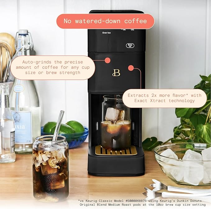 Beautiful Perfect Grind Programmable Single Serve Coffee Maker with Touch Display and Integrated Burr Grinder, Auto Coffee Strength Selection, 64oz Water Reservoir (Black Sesame)