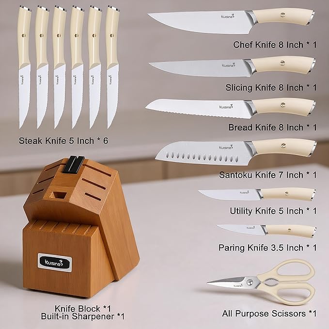 Kuisine Sharp Chef Knife Set,High Carbon Stainless Steel Ergonomic Rivet Handle,Knife Block Set with Built-in Sharpener(Acacia Ivory Pro,15PCS)