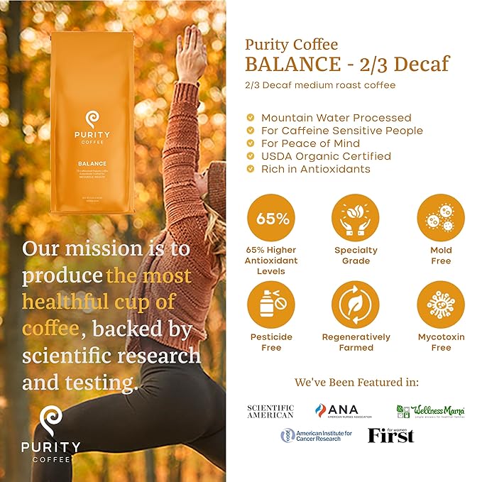 Purity Coffee BALANCE 2/3 Decaf Medium Roast Whole Bean Coffee (12oz Bag) - Specialty-Grade Mountain Water Processed Decaf + Regular Arabica Blend- USDA Certified Organic Decaffeinated - Third Party Tested for Mold, Mycotoxins, Pesticide Residue