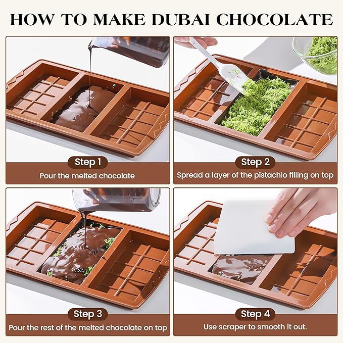2 Pcs Chocolate Bar Molds Deep Large Chocolate Molds Silicone Break Apart Thick Silicone Molds for Candy Bar, With 100 Pcs Bags and 1 Pc Scraper Set (10 Snap）