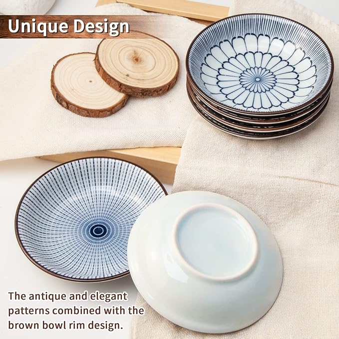 Dipping Bowls, Soy Sauce Dish Ceramic, 3 OZ Small Serving Bowls for Side Dishes Vintage Blue Stylish Design, Set of 6 Mini Appetizer Plates for Condiment Sushi Ketchup BBQ Party, 4 Inch