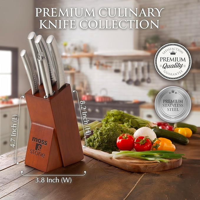 Moss & Stone Professional Kitchen Knife Chef Set, 6 Pcs Small Knife Set With Block, Premium Kitchen Knife Set Stainless Steel, Scratch Resistant & Rust Proof, Knife Block With Sharp Cooking Knives.