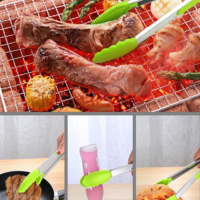 2-Pack of 9" (Small) & 12" (Large) Kitchen Tongs Set: Non-Stick Silicone-Stainless Steel Cooking Tongs, BPA Free, Heat Resistant (480°F) - Non-Slip Grip & Locking Metal Food Tongs (Green)