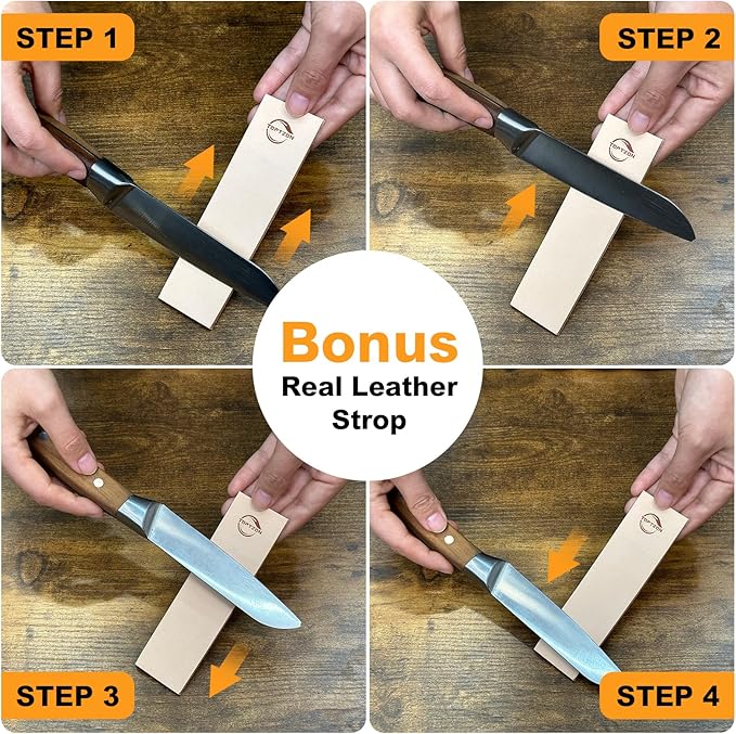 Toptzon Diamond Walnut Rolling Knife Sharpener – Roller Knife Sharpener Kit with 15 & 20 Degree Magnetic Angle Stand & Leather Strop Paddle Kit - Easy Sharpening for Kitchen Knife (Modern Walnut)