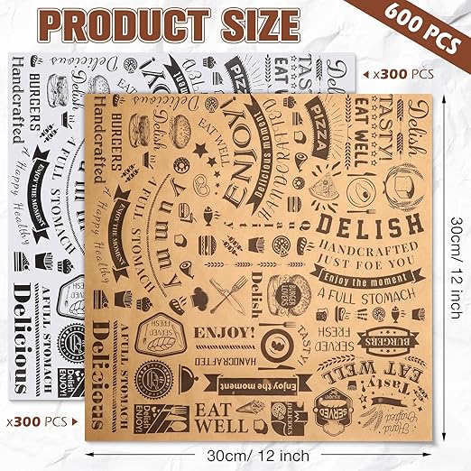 600 Pcs 12 x 12 Inch Deli Wax Paper Sheets Grease Resistant Tray Basket Liners Newsprint Paper Water and Grease Proof Sandwich Wrapping Square Hot Dog Wrappers for Food Baking (Brown,White)