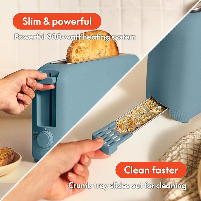 bella 2 Slice Slim Toaster, Fits-anywhere™ Kitchenware, 6 Setting Shade Control with Reheat & Cancel Buttons, Fits sourdough, 10” Long Slot, Anti Jam & Auto Shutoff, 900 Watt, Surf