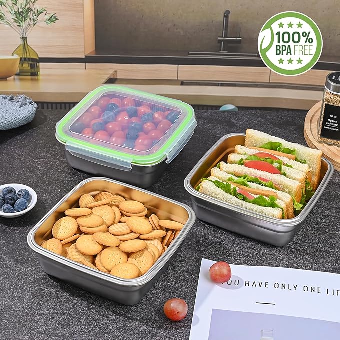 4 Pack Sandwich Containers, 40oz Stainless Steel Sandwich Box with Airtight Lids, Reusable Metal Meal Prep Lunch Boxes, BPA-Free, Dishwasher Safe, Large Capacity Food Storage Containers (Black)