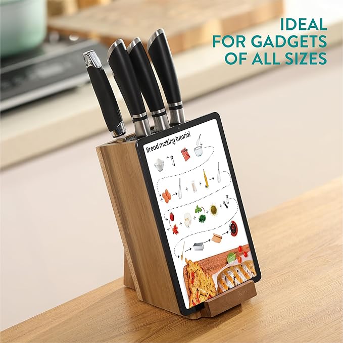 Navaris Wooden Kitchen Knife Block with Holder - Holds a Chopping Board, Phone or Tablet - Acacia Angled Design, 12.5 x 18.7 x 26.2 cm (4.9" x 7.4" x 10.3")