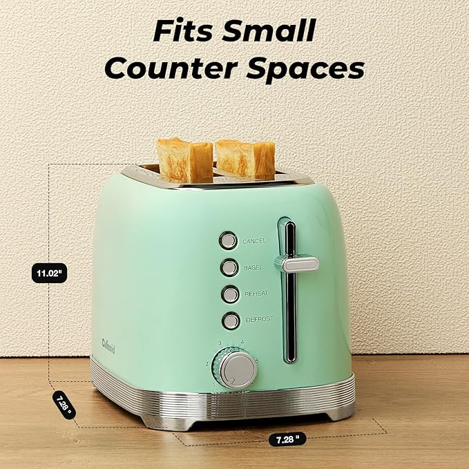 Toaster 2 Slice Retro Stainless Steel with 1.5” Extra Wide Slots Bagel, Defrost, Reheat, Cancel Functions, 6 Bread Shade Settings, Removable Crumb Tray, Aqua Green