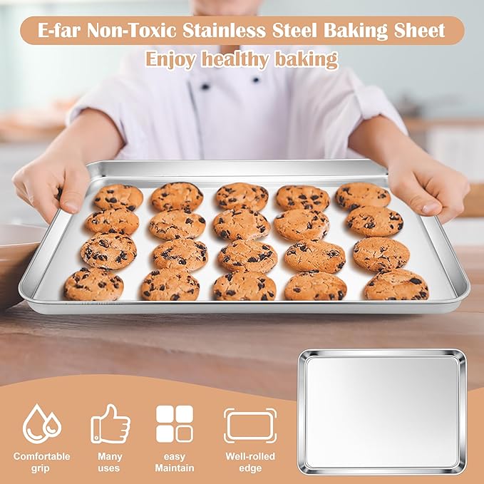 E-far Baking Sheets Set of 3, 16” x12” x 1” Stainless Steel Cookie Sheets Pans for Oven, Non-toxic Metal Trays for Baking Cake Cookie, Healthy & Rust Free, Mirror Finish & Dishwasher Safe