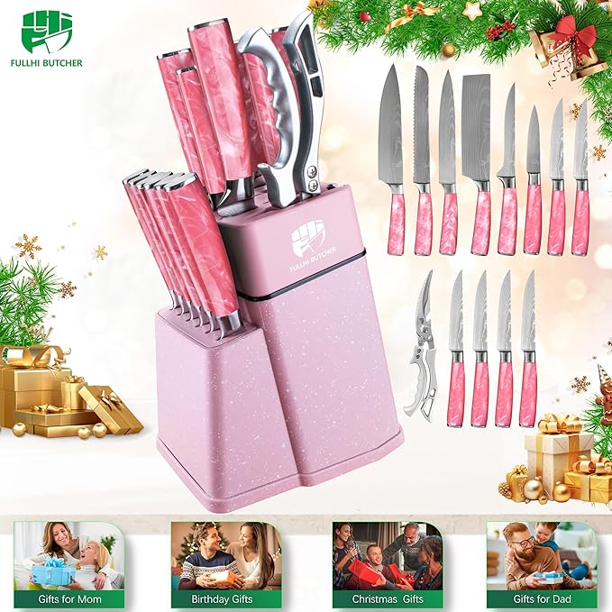 FULLHI 14pcs Block Knife Set, Chef's Knife Steak Knives Set with Block and Sharpener, Kitchen Knife Set, Multi-colour Handle, Gifts for Men Women