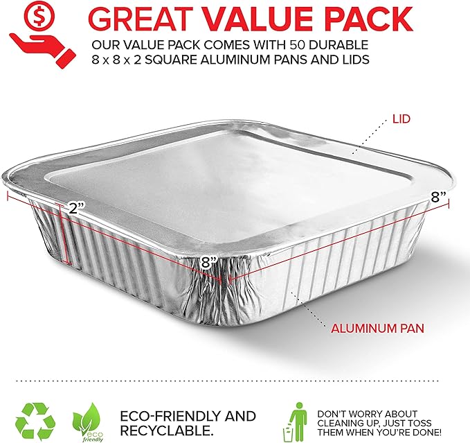 Stock Your Home 8" Square Cake Pans (50 Pack) - Disposable & Recyclable - Aluminum Baking Pans with Lids