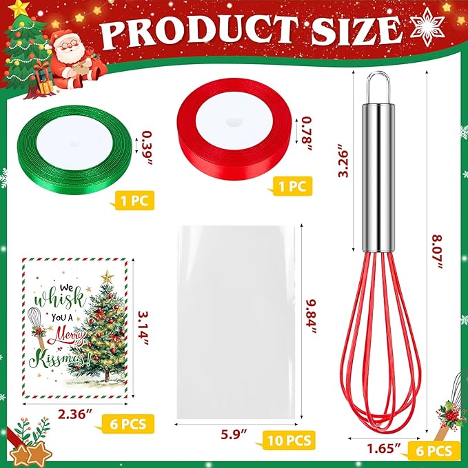 6 Set Christmas Whisk Gifts for Neighbor, Christmas Baking Supplies Include Silicone Whisks Greeting Card Ribbon and Plastic Bag Xmas Cooking Utensils for Neighbor Employee Stocking Stuffers Ideas
