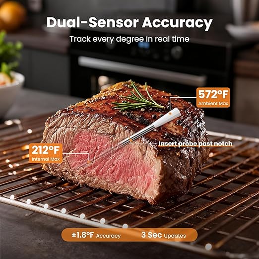 Wireless Meat Thermometer with 2 Color-Coded Probes, ±1.8℉ Accuracy, IP67 Waterproof, App Control & Real-Time Monitoring, Two-Way Alerts for Kitchen, BBQ, Grill, Oven, Smoker