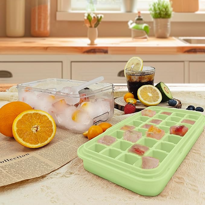 Satax Silicone & Plastic Ice Cube Trays with Lids and Bin - Durable, BPA-Free, Easy Release, Perfect for Cocktails, Coffee & More (2, green)