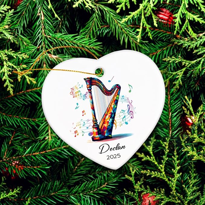 Personalized Harp Lovers Ceramic Ornament Decor, Harpist Christmas Ornaments Tree, Custom Name & Year Harp Musical Xmas Ornament Gifts for Harpist Musician, Instrument Ceramic Ornaments Xmas 2025
