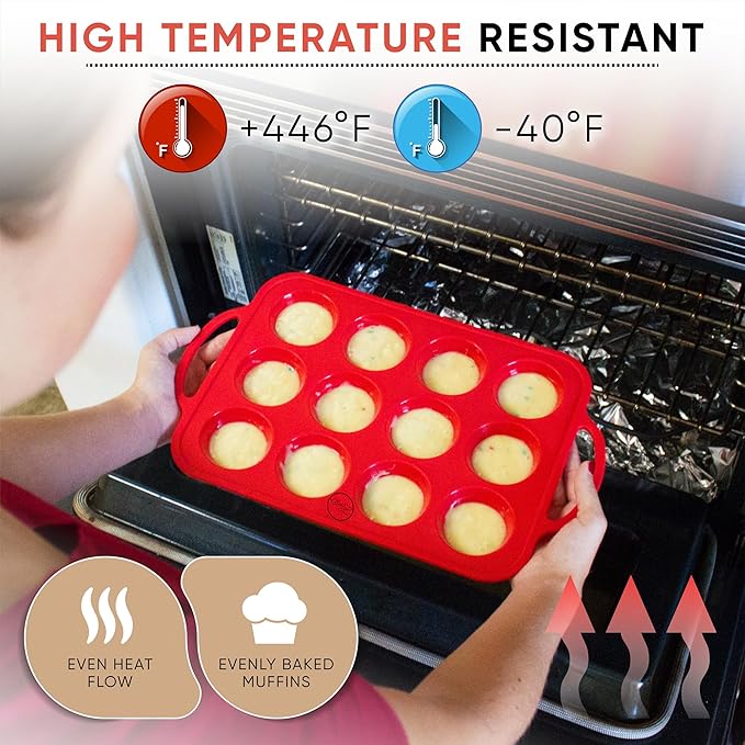 Silicone Muffin Pan With Handles, 12 Cups Cupcake Pan, Silicone Muffin Cups For Baking, Eggs & Cupcakes, Non-Stick Cupcake Molds Dishwasher Safe & BPA Free - Red Color