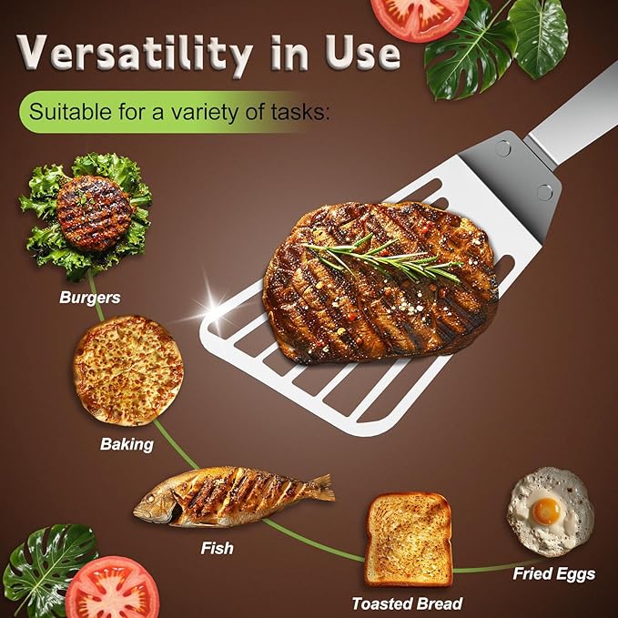Fish Spatula Stainless Steel, Metal Fish Turner Spatula, Metal Spatulas for Kitchen Use, Thin-Edged Design Ideal for Cooking, Turning & Grilling (13 In, Silver)