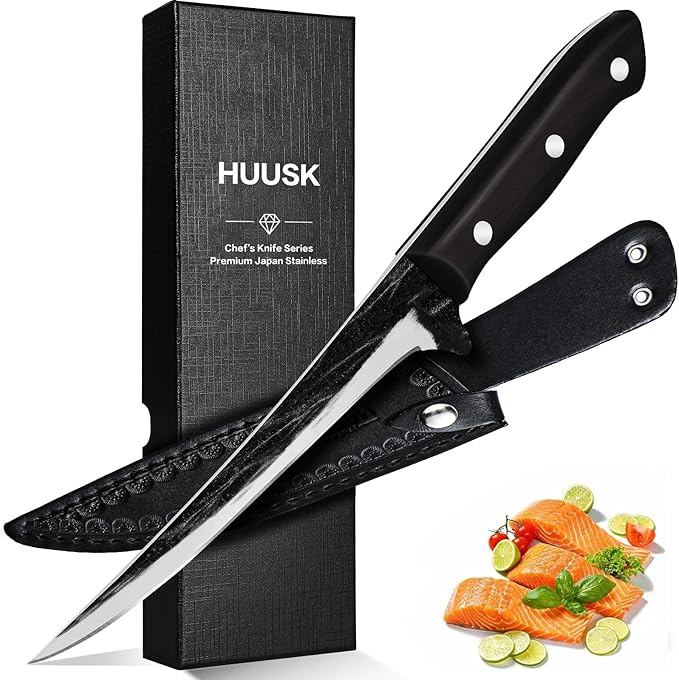 Huusk Fish Fillet Knife with Sheath - Hand Forged 7 Inch Boning Knives for Meat Trimming, Japanese Brisket Trimming Knives with Wooden Handle for Outdoor Camping, Gift for Men